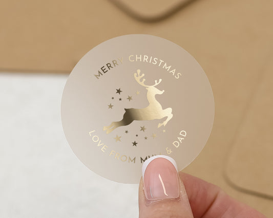 Merry Christmas Sticker, Personalised Christmas Sticker, Reindeer Sticker, Christmas Label, Custom Gift Sticker, Gold Foil Christmas Sticker