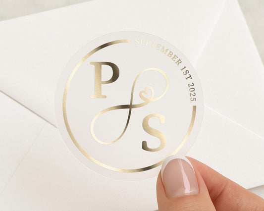 Personalised Wedding Sticker, Gold Foil Initials Sticker, Custom Date Wedding Label, Elegant Monogram Envelope Seal