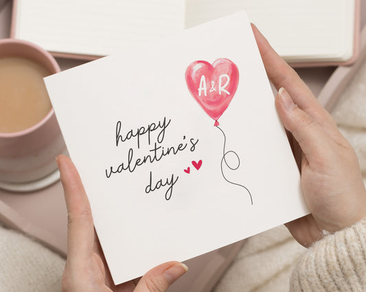 Valentines Day Card, Personalised Valentines Card, Romantic Card for Couple, Custom Initials Card, Heart Balloon Card, Anniversary Card
