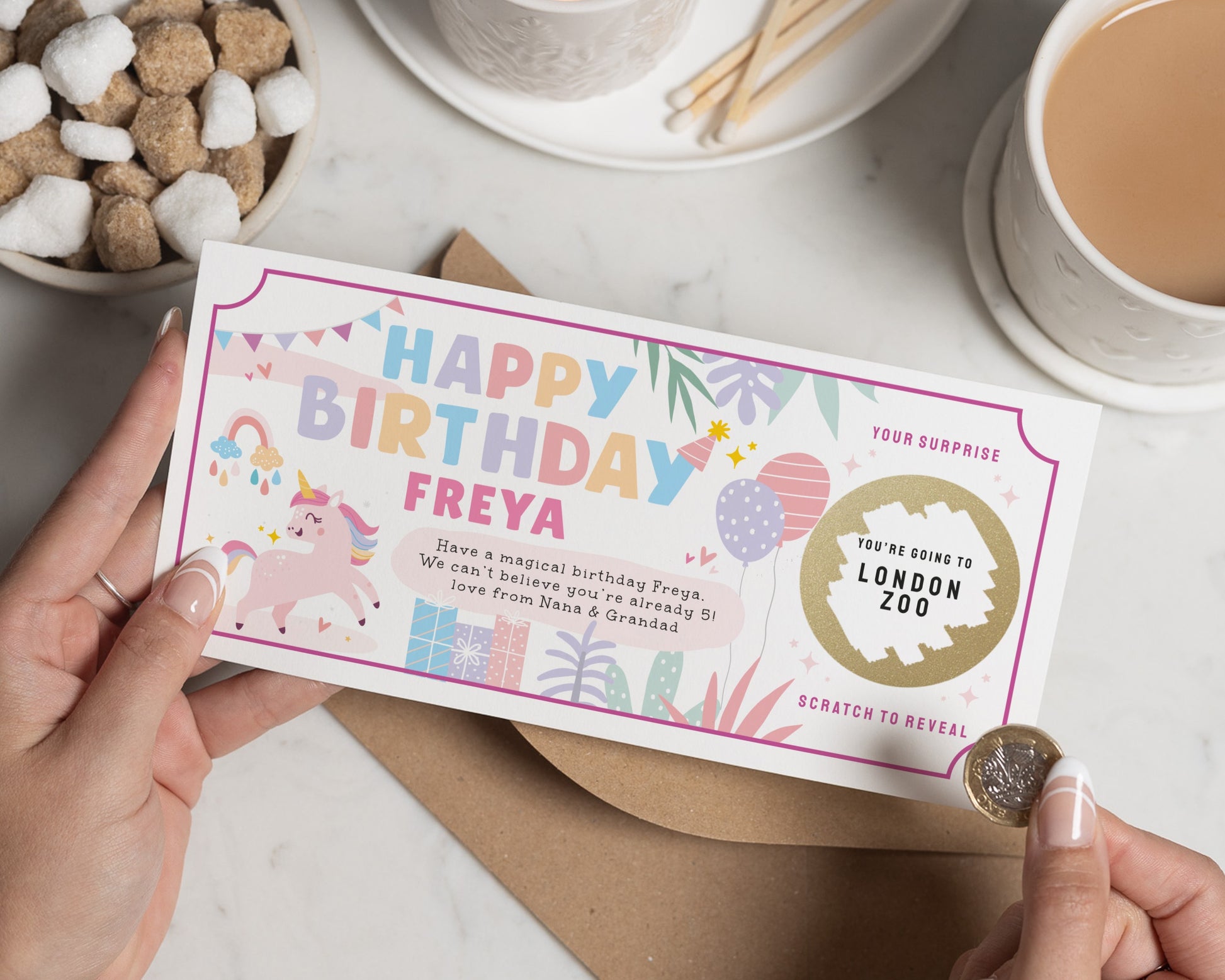 Scratch to Reveal Custom Voucher For Girl, Unicorn Birthday Surprise, Kids Birthday Card