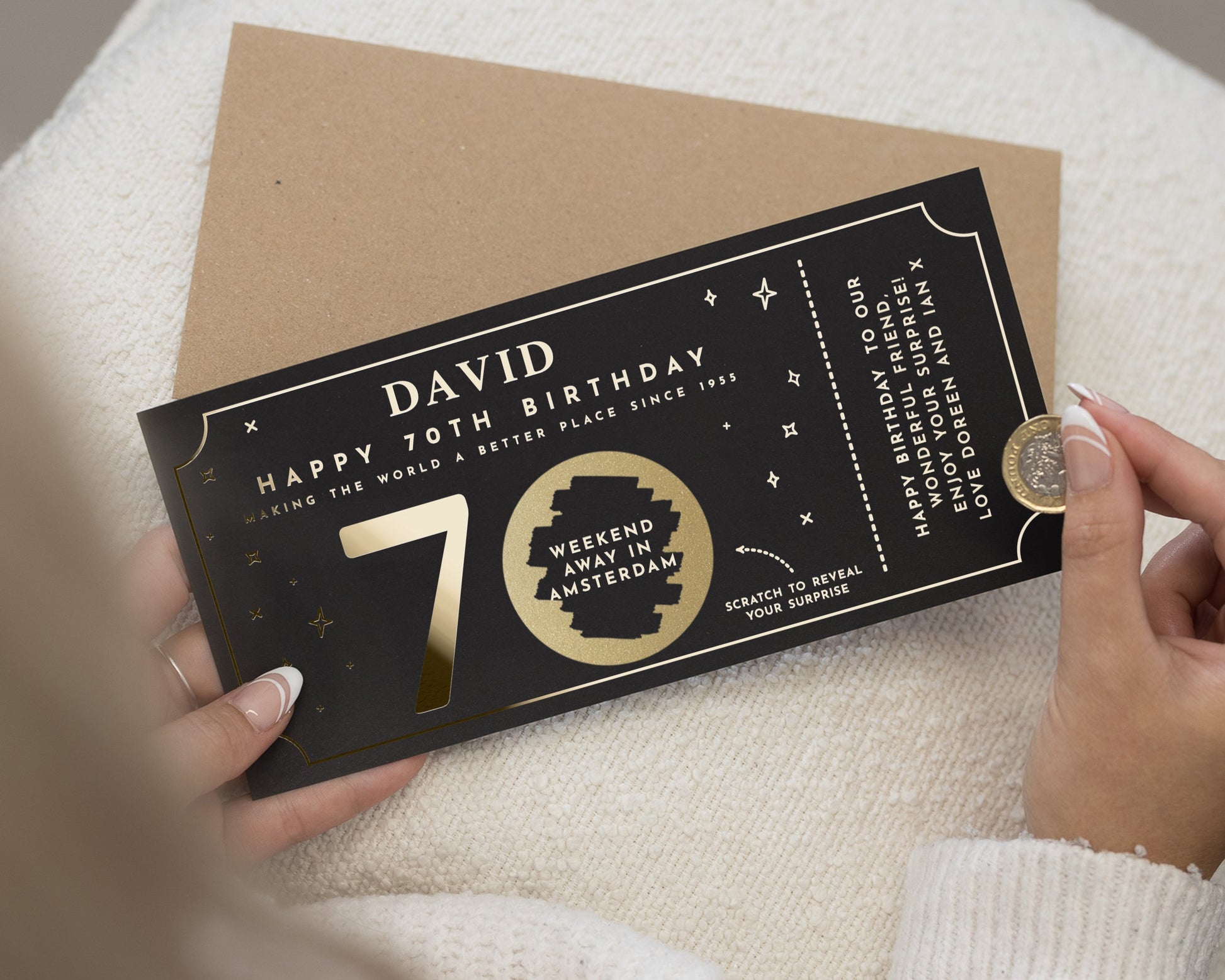Personalised 70th Birthday Gift Voucher, Weekend Away Gift, Scratch To Reveal, Custom Gold Foil Birthday Card For Him Or Her
