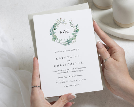 Eucalyptus Greenery Wedding Invitations, Sage Green Botanical Wedding Invites, Monogram Invitation Suite, Personalised Wedding Invite
