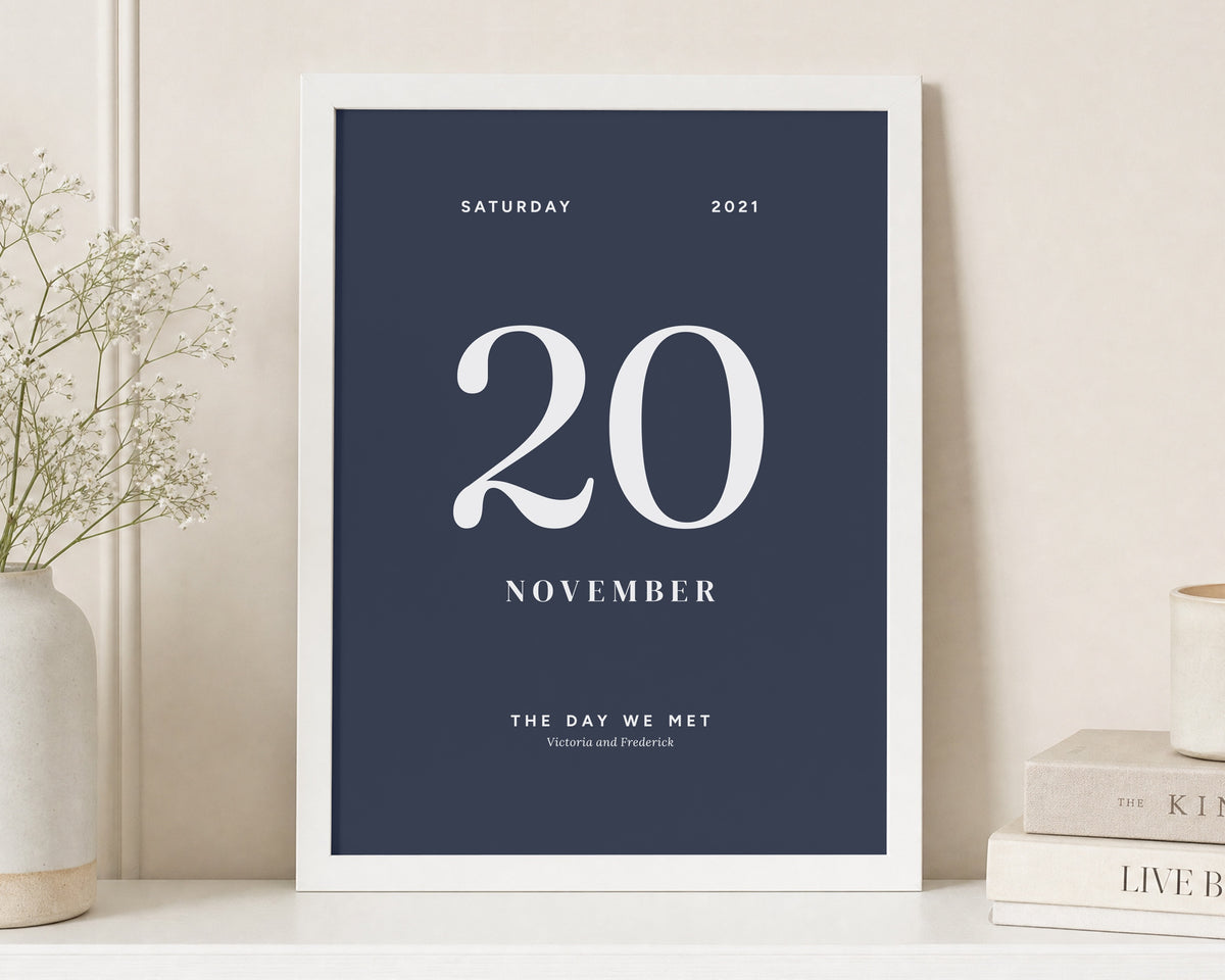 Personalised Date Print, Navy Blue Wall Art, The Day We Met Print, Anniversary Gift, Gift for Couple, Romantic Bedroom Art