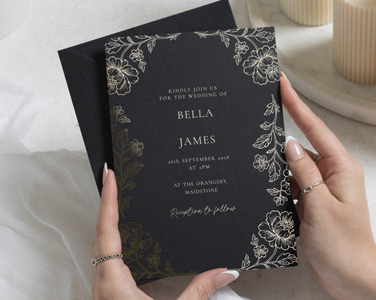 Gold Foil Floral Wedding Invitations, Black Wedding Invites, Elegant Botanical Wedding Invitation with Black Envelope