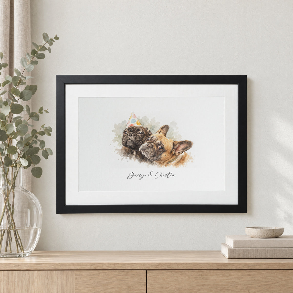 Personalised Pet Portrait From Photo, Custom Dog Watercolour Print, Pet Lover Gift, Dog Mum Gift, Landscape Black Framed Print