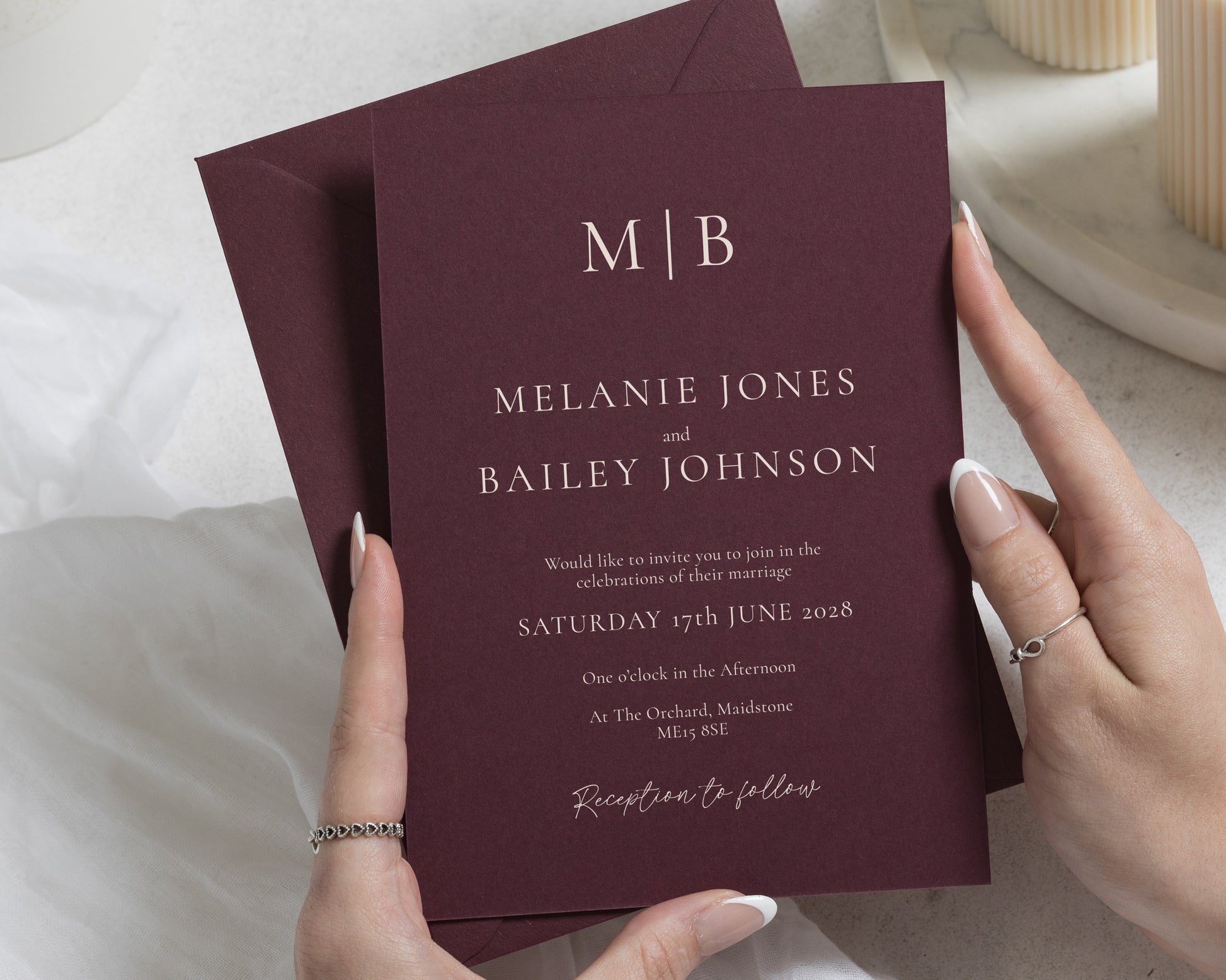 Burgundy Wedding Invitations, Monogram Wedding Invites, Elegant Typography Wedding Stationery, Personalised Invitation Suite