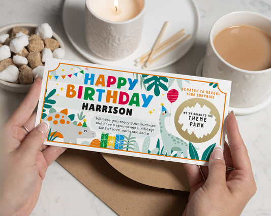 Personalised Birthday Scratch Card for Boy, Theme Park Surprise, Dinosaur Birthday Card, Custom Kids Scratch Reveal Gift