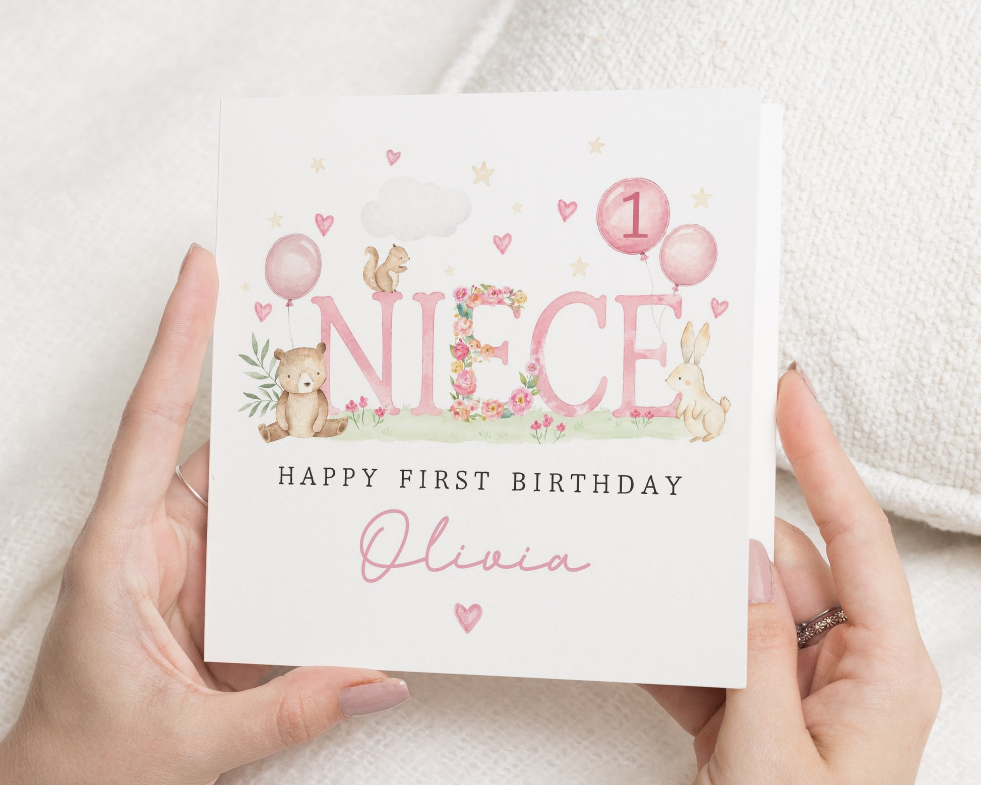 1st Birthday Card for Niece, First Birthday Card for Girl, Personalised Birthday Card, Cute Woodland Animal Birthday Card