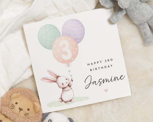 3rd Birthday Card for Girl, Bunny Birthday Card, Personalised 3rd Birthday Card, Cute Birthday Card for Daughter, Animal Birthday Card