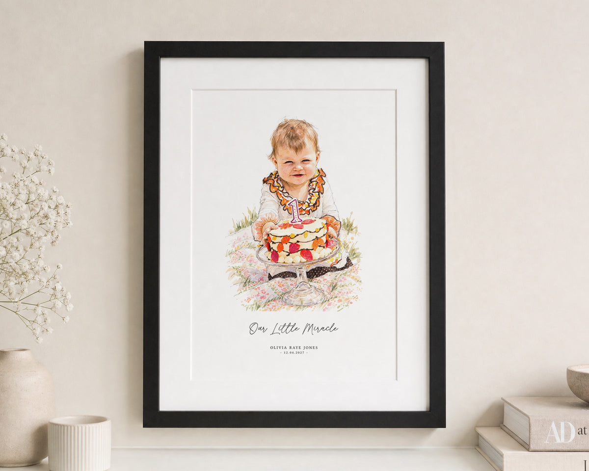 Personalised Baby Portrait Print, Custom Child Illustration, First Birthday Gift, Nursery Wall Art, Baby Keepsake, Black Framed Print