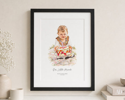 Personalised Baby Portrait Print, Custom Child Illustration, First Birthday Gift, Nursery Wall Art, Baby Keepsake, Black Framed Print