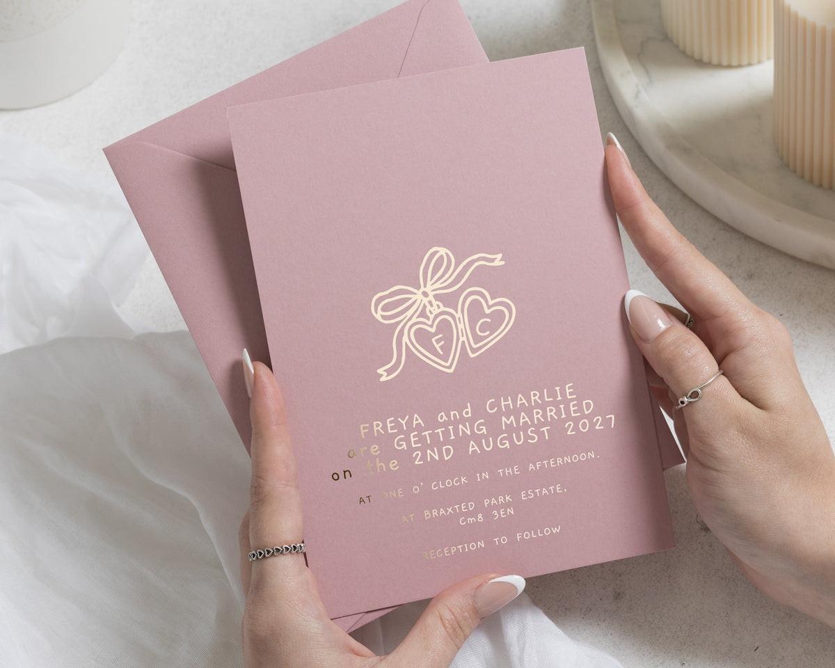 Gold Foil Wedding Invitations, Dusky Pink Romantic Wedding Invite, Heart Bow Invitation, Personalised Foil Wedding Stationery