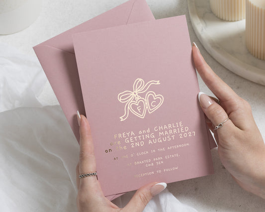 Gold Foil Wedding Invitations, Dusky Pink Romantic Wedding Invite, Heart Bow Invitation, Personalised Foil Wedding Stationery