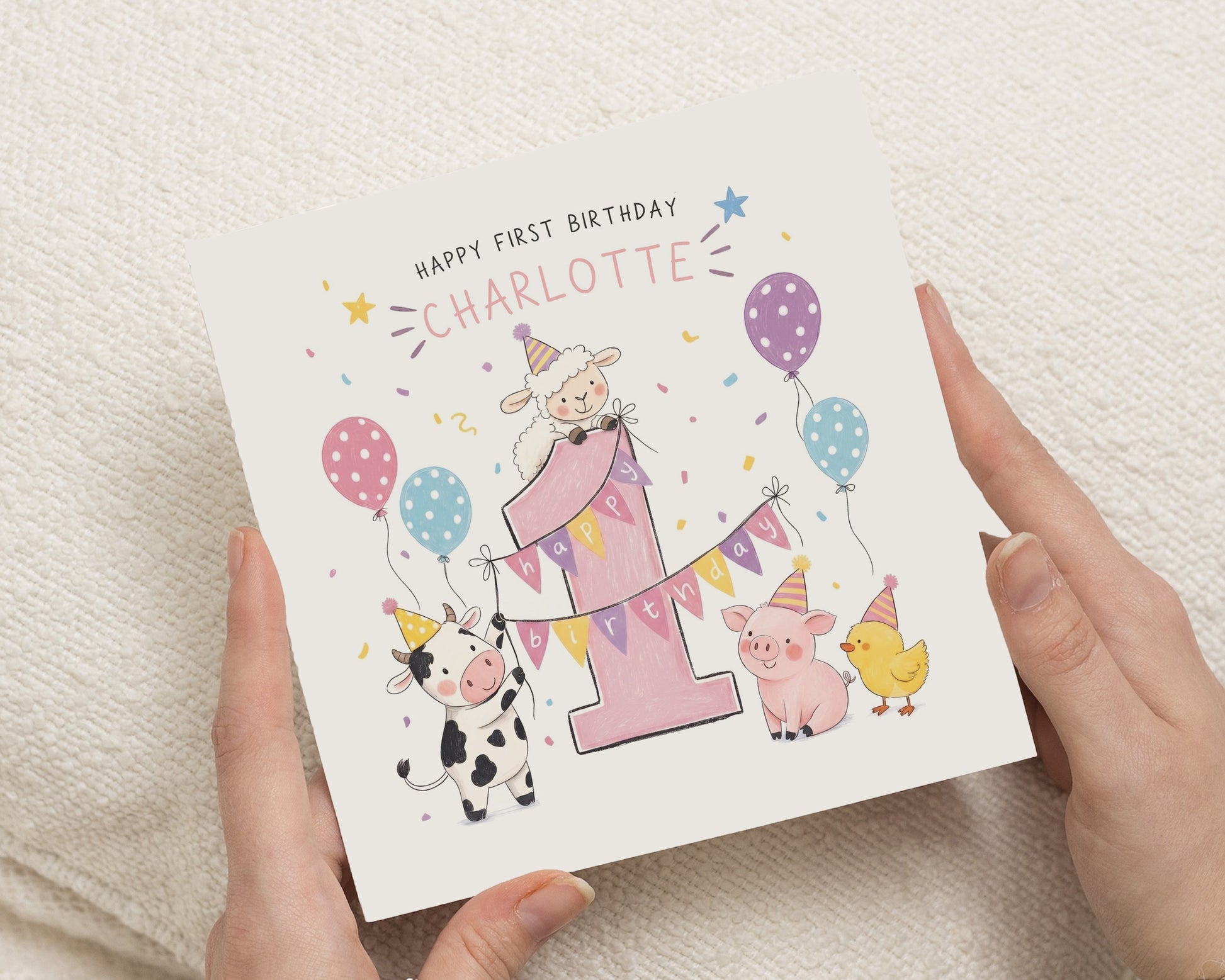 Personalised 1st Birthday Card, First Birthday Card for Girl, Farm Animal Birthday Card, Daughter Card, Granddaughter Card, Niece Card