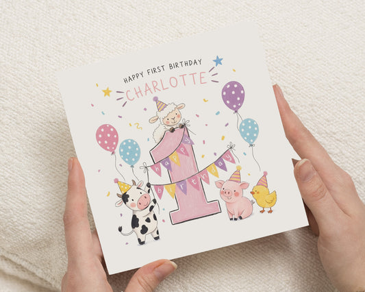Personalised 1st Birthday Card, First Birthday Card for Girl, Farm Animal Birthday Card, Daughter Card, Granddaughter Card, Niece Card