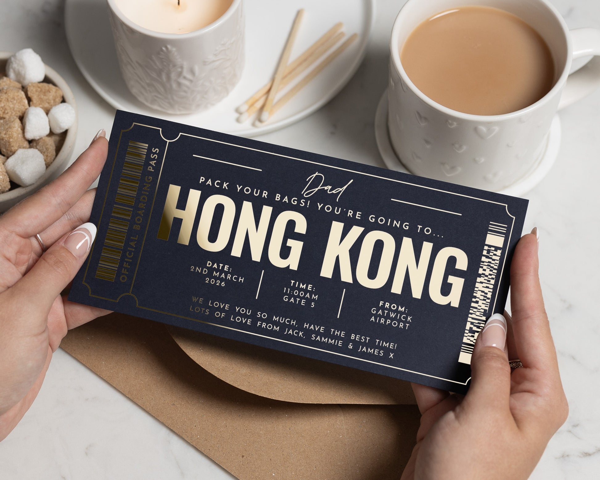 Personalised Holiday Reveal Ticket, Hong Kong Gift Voucher, Gold Foil Boarding Pass, Pack Your Bags Surprise for Dad