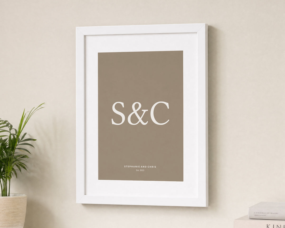 Personalised Initials Couple Print, Taupe Wall Art, Wedding Gift, Anniversary Gift, Minimalist Framed Print with Mount
