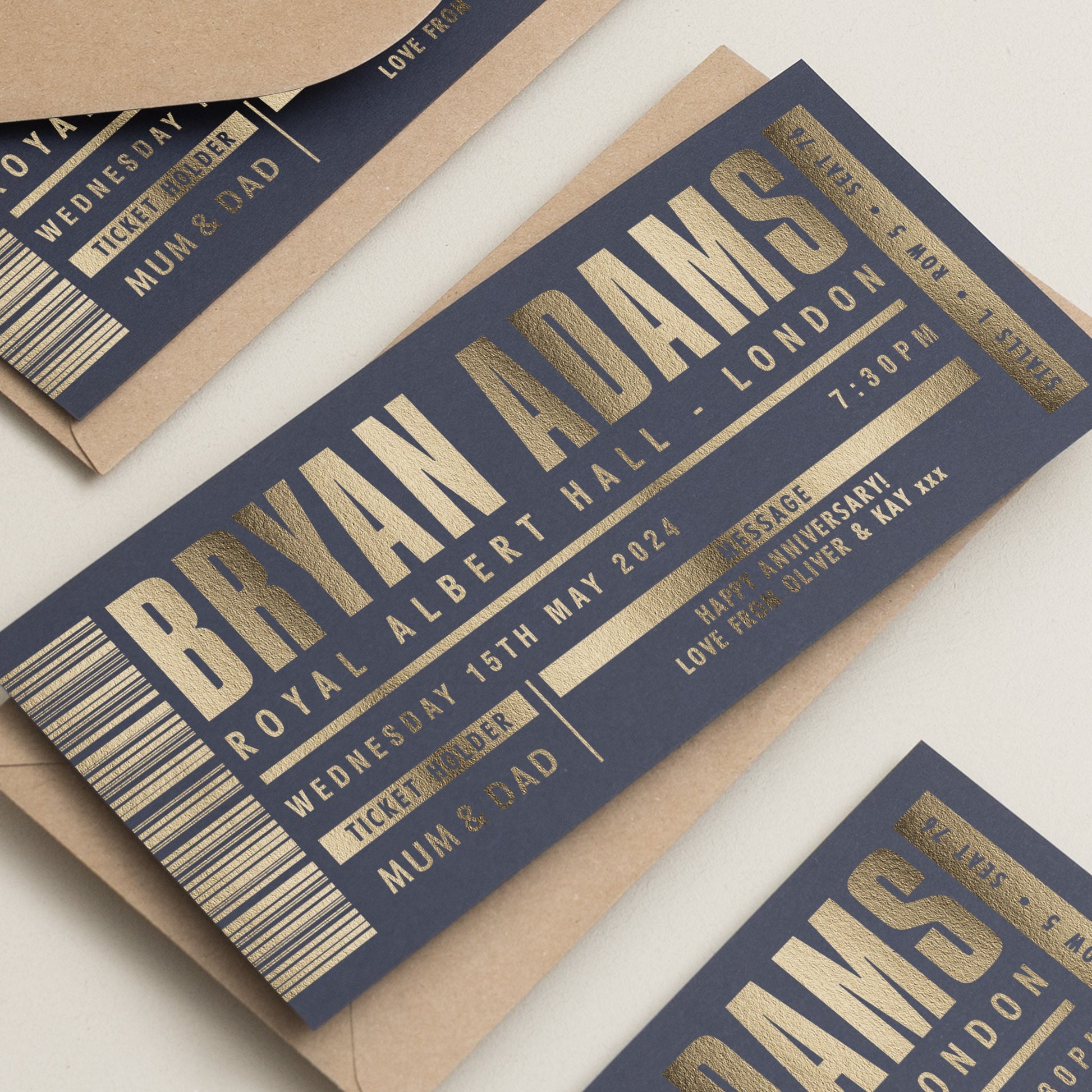 Personalised Gold Foil Gift Voucher, Bryan Adams Gig Ticket Gift Voucher, Foiled Concert Reveal, Bryan Adams Surprise Gig Ticket