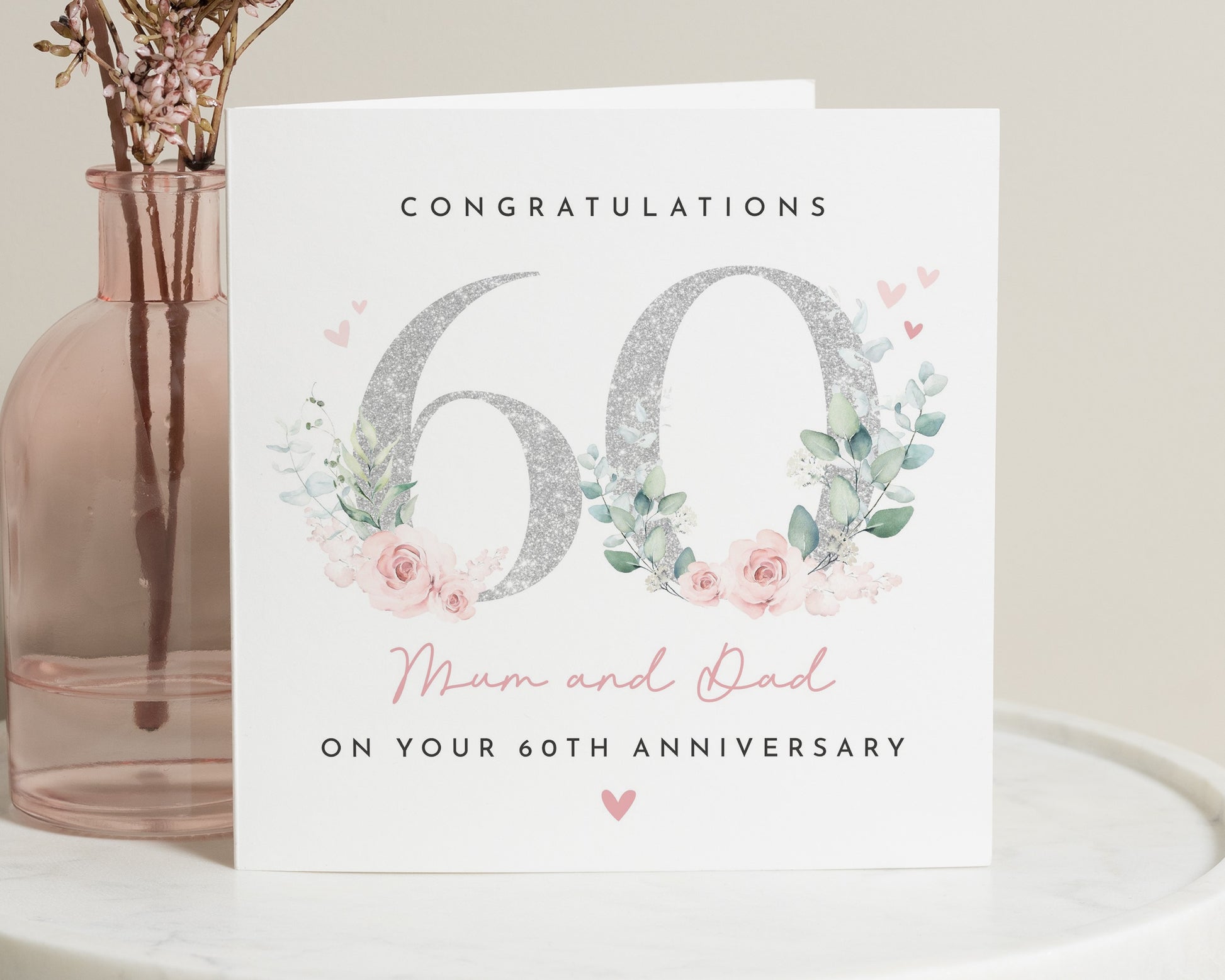 60th Anniversary Card for Mum and Dad, Personalised Anniversary Card, Floral Sixtieth Wedding Anniversary Card, Congratulations Card