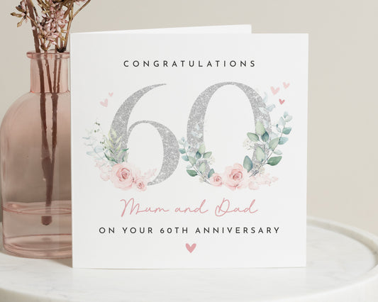 60th Anniversary Card for Mum and Dad, Personalised Anniversary Card, Floral Sixtieth Wedding Anniversary Card, Congratulations Card