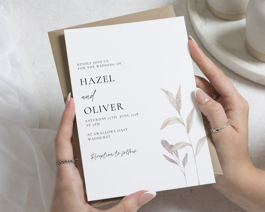 Botanical Wedding Invitations, Simple Minimal Wedding Invite, Elegant Neutral Flat Wedding Invitation, Personalised Invitation Suite