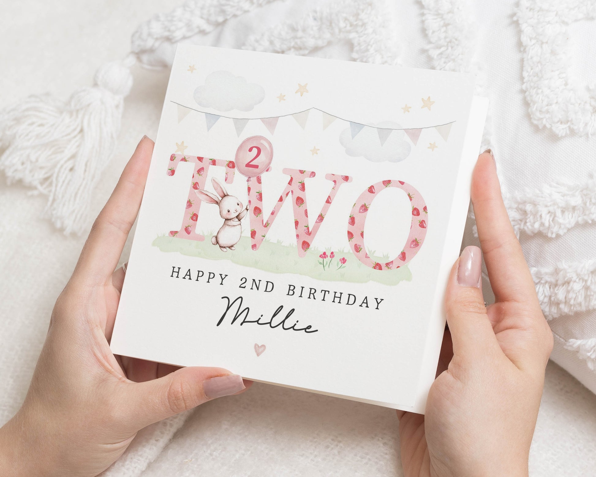 2nd Birthday Card for Girl, Personalised Bunny Birthday Card, Birthday Card for Daughter, Cute Second Birthday Card, Two Years Old Card