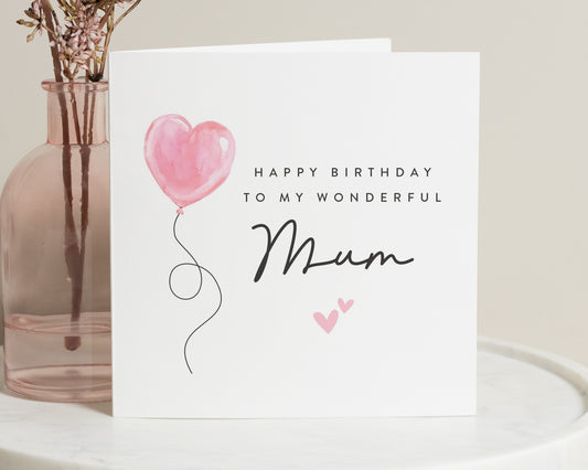 Birthday Card for Mum, Mum Birthday Card, Mother Birthday Card, Birthday Card for Her, Cute Birthday Card, Pink Heart Balloon Card