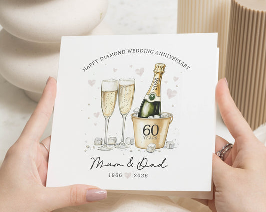 Diamond Wedding Anniversary Card, 60th Anniversary Card for Mum and Dad, Personalised Anniversary Card, Champagne Card
