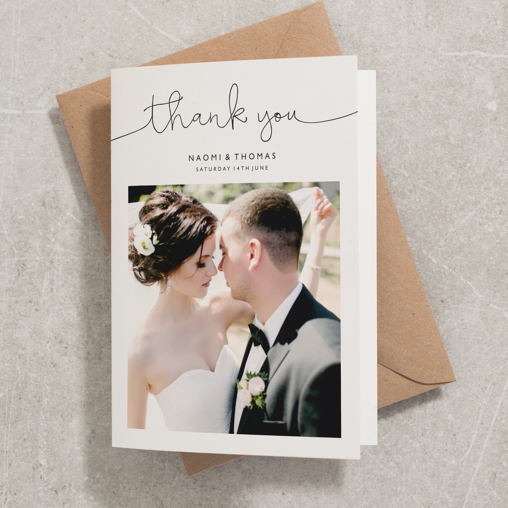 Wedding Thank You Card With Photo, Thank You Wedding Card, Folded Thank You Card, Simple Wedding Thank You Cards With Envelope &#39;Naomi&#39;