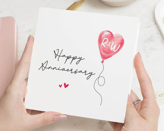 Anniversary Card, Personalised Anniversary Card, Anniversary Card for Couple, Heart Balloon Card, Custom Initials Card, Romantic Card