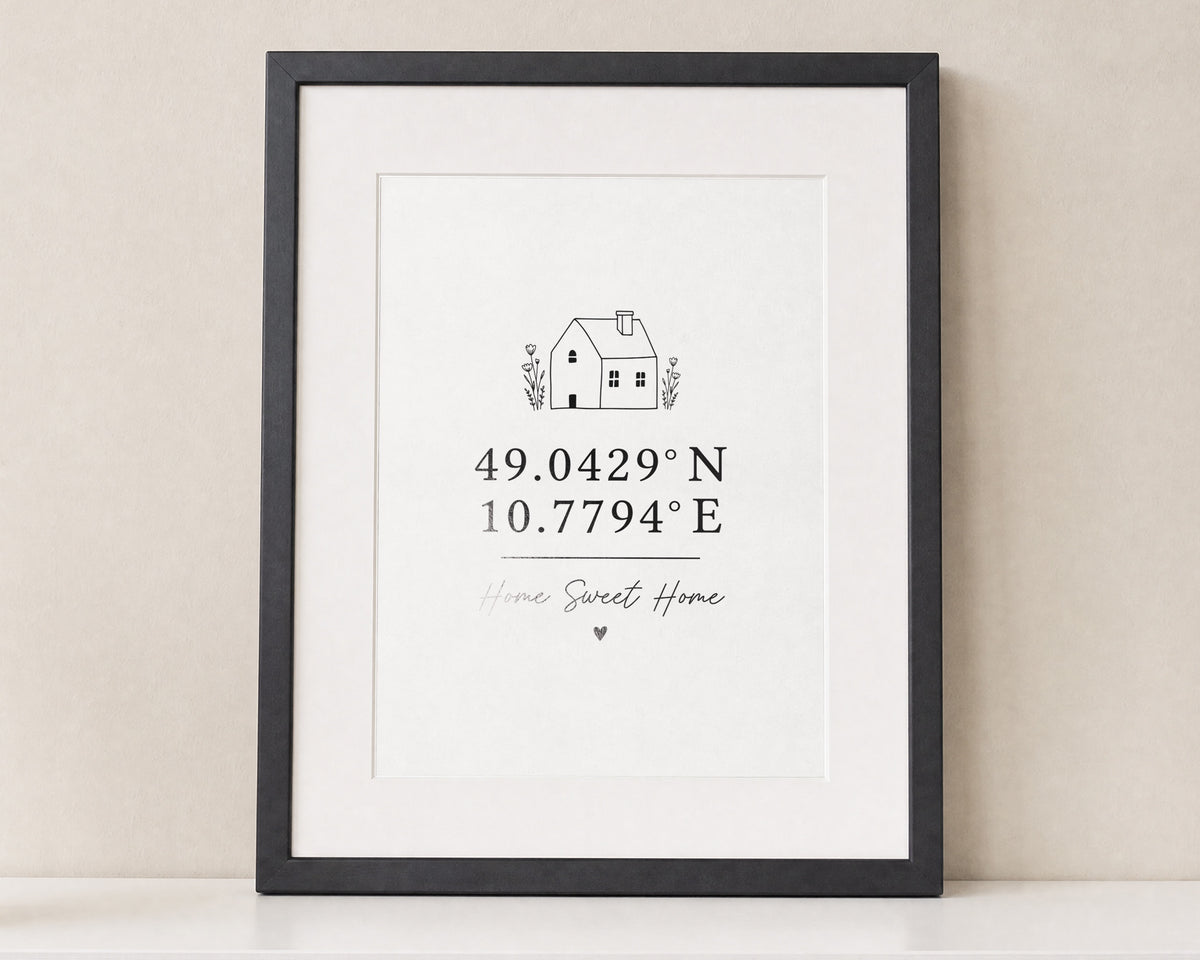 Personalised Coordinates Print, Off White Wall Art, New Home Gift, Housewarming Gift, First Home Print, Black Framed Wall Art