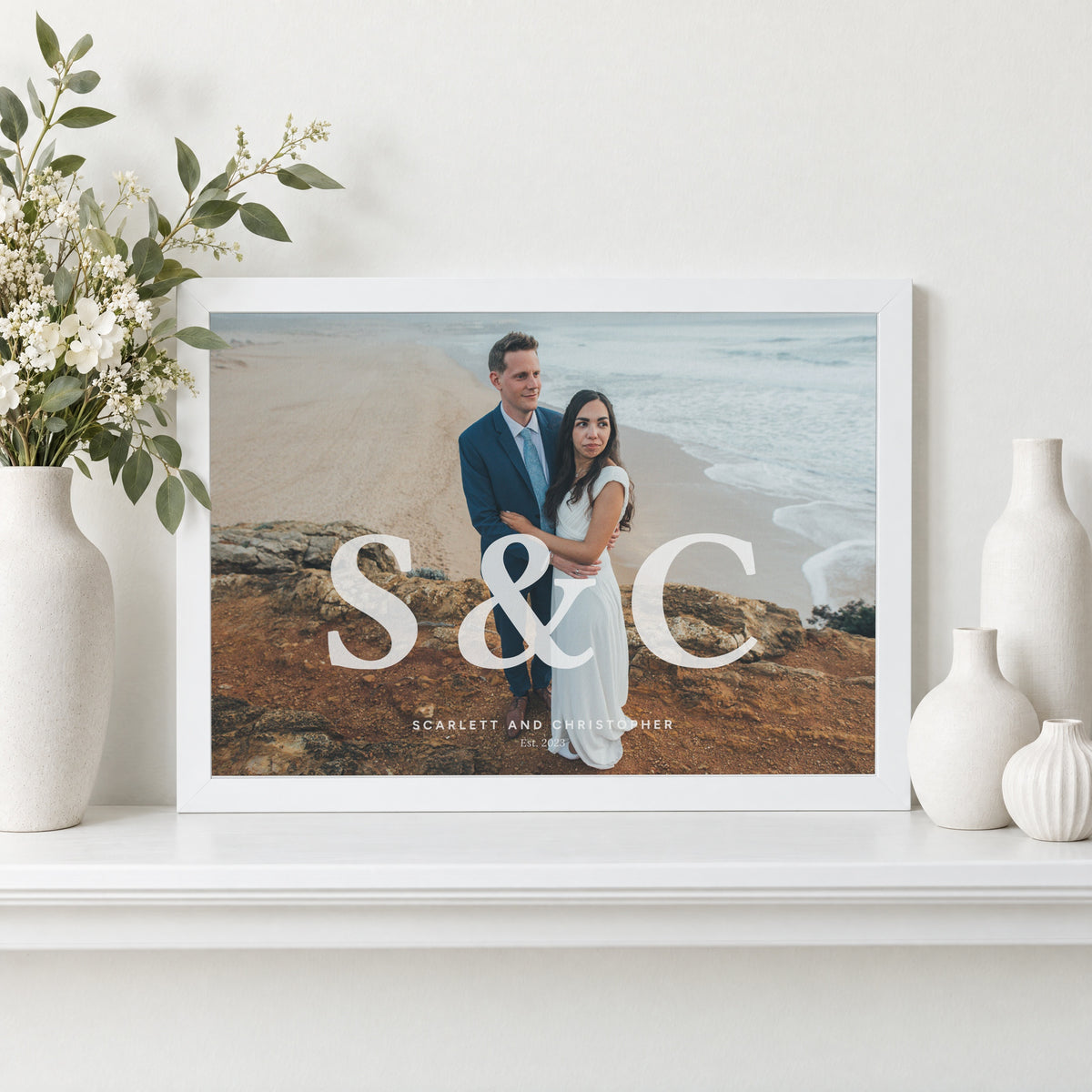 Personalised Couple Photo Print, Custom Initials Wall Art, Wedding Gift, Anniversary Gift for Couple, Landscape White Framed Print
