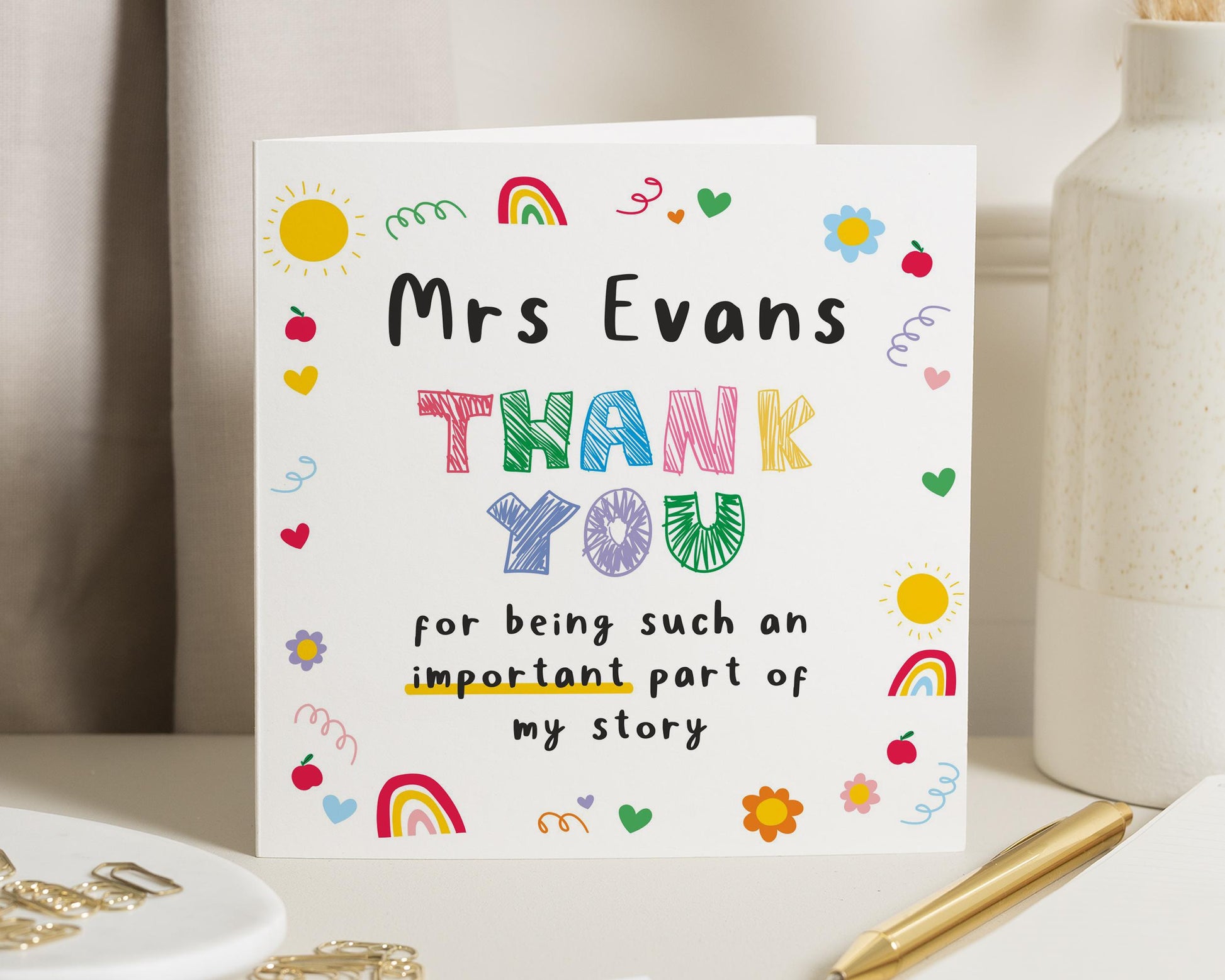 Thank You Card for Teacher, Personalised Thank You Card, Rainbow Thank You Card, End of Term Card, Teacher Appreciation Card