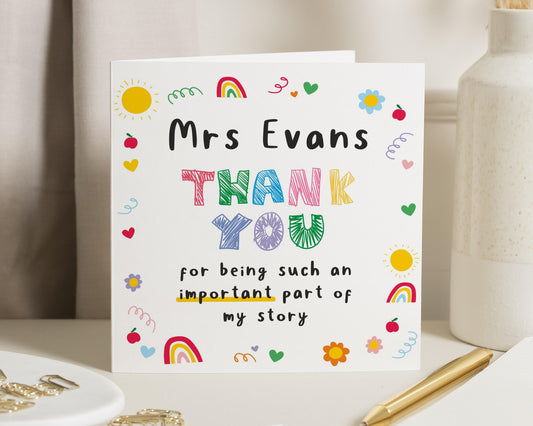 Thank You Card for Teacher, Personalised Thank You Card, Rainbow Thank You Card, End of Term Card, Teacher Appreciation Card