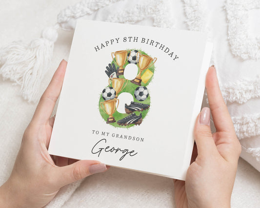 8th Birthday Card for Grandson, Personalised Birthday Card for Boy, Football Birthday Card, Sports Card for Grandson, Age 8 Card