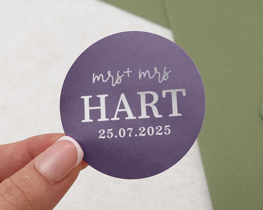 Personalised Wedding Sticker, Mrs And Mrs Wedding Label, Custom Name Wedding Sticker, Purple Foil Wedding Sticker, Same Sex Wedding