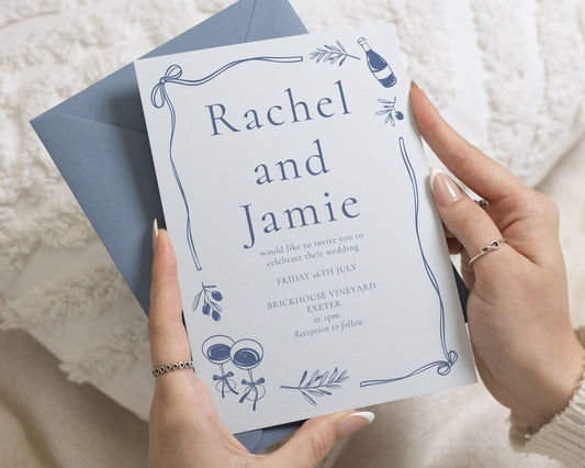 Powder Blue Wedding Invitations with Blue Grey Envelopes, Mediterranean Botanical Wedding Invites, Elegant Personalised Invitation