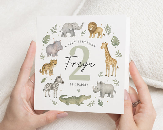 2nd Birthday Card for Girl, Personalised Birthday Card, Safari Birthday Card, Jungle Animal Card, Daughter Granddaughter Niece