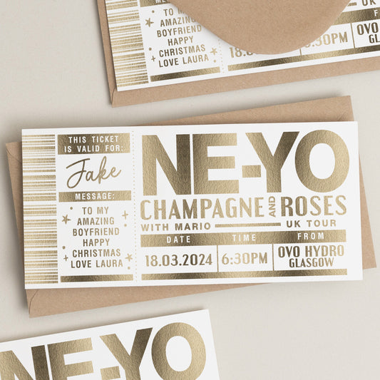 Personalised Gold Foil Gift Voucher, Ne-Yo Gift Concert Ticket Gift Voucher, Scratch Reveal Gift, Scratch To Reveal, Gig Ticket