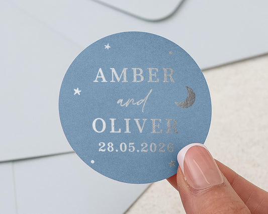 Personalised Wedding Sticker, Moon and Stars Favour Label, Custom Name Date Sticker, Blue Foil Wedding Sticker, Silver Foil Label