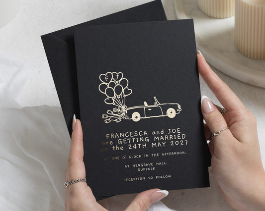 Gold Foil Wedding Invitations, Black Wedding Invite with Black Envelope, Illustrated Wedding Car, Fun Personalised Wedding Invites