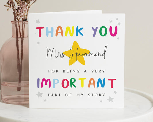 Thank You Card for Teacher, Personalised Thank You Card, Thank You Card for Her, Rainbow Star Teacher Card, Important Part of My Story