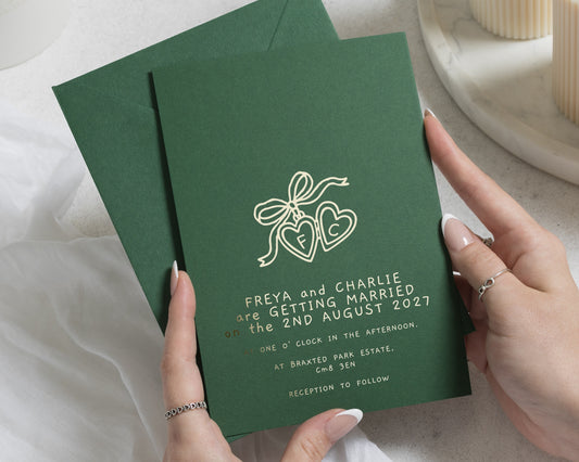 Gold Foil Wedding Invitations, Forest Green Wedding Invite, Heart Charm Invitation, Personalised Romantic Wedding Stationery