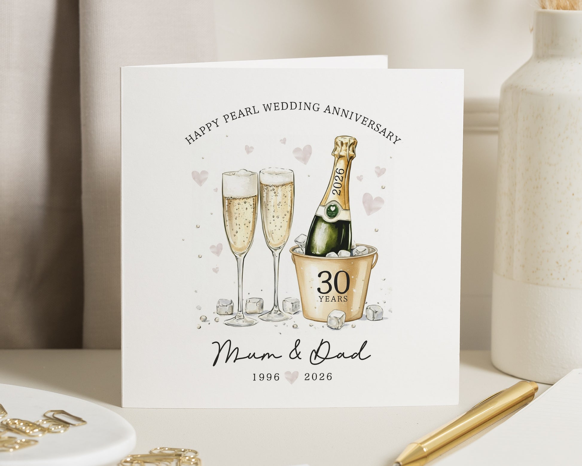 Pearl Wedding Anniversary Card, 30th Anniversary Card for Mum and Dad, Personalised 30 Years Card, Champagne Anniversary Card