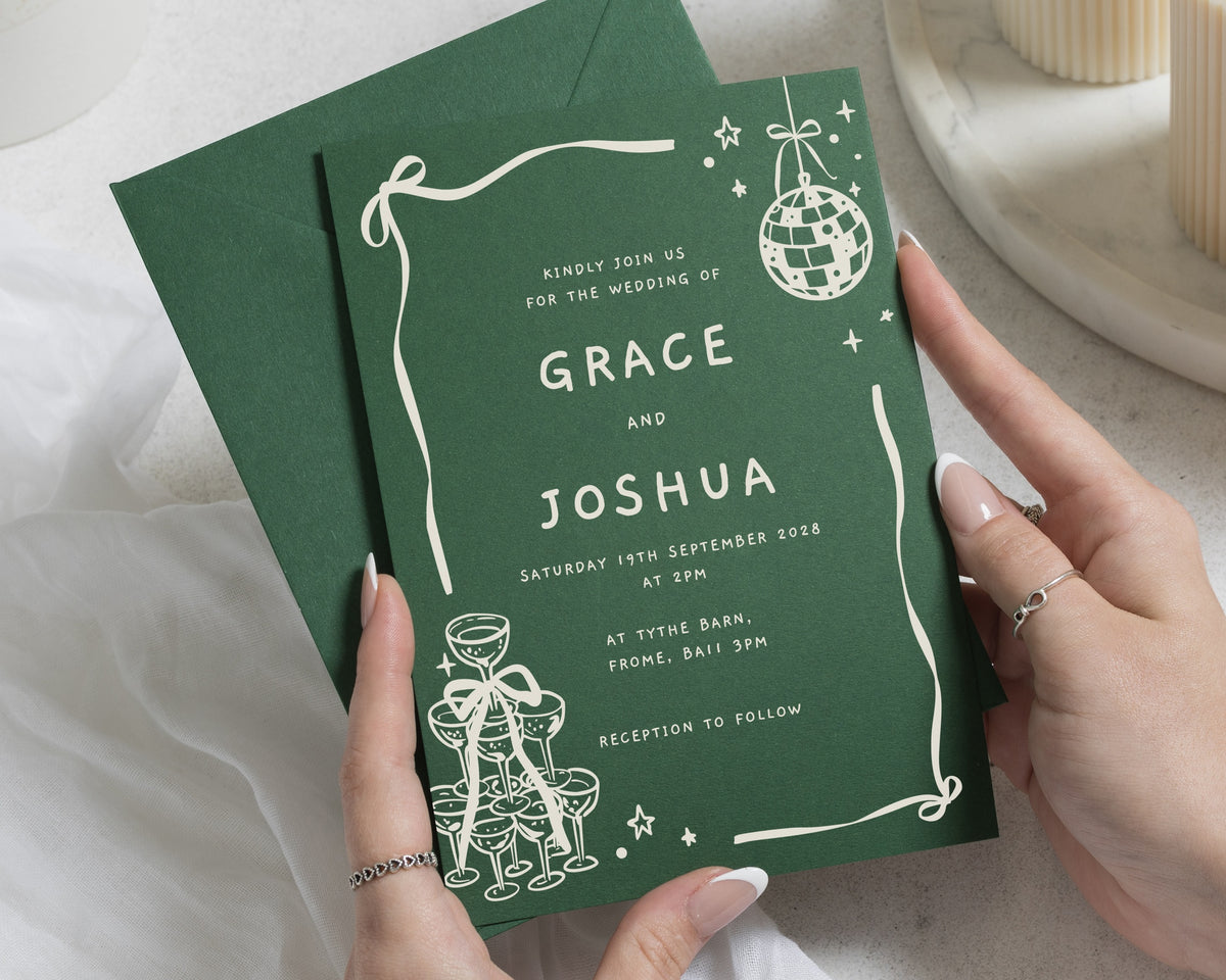 Forest Green Wedding Invitations, Celebration Wedding Invites, Disco Ball Party Stationery, Personalised Wedding Invitations