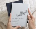 Powder Blue Wedding Invitations with Navy Envelopes, Mediterranean Destination Wedding Invites, Personalised Coastal Villa Invites