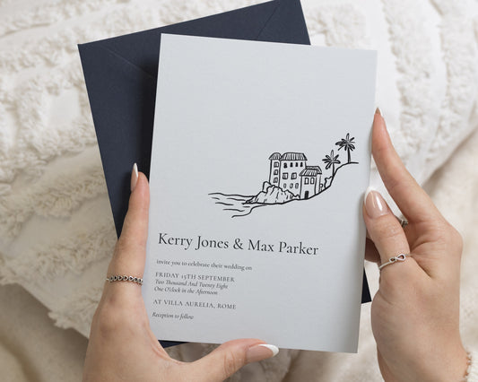 Powder Blue Wedding Invitations with Navy Envelopes, Mediterranean Destination Wedding Invites, Personalised Coastal Villa Invites