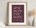 Personalised Coordinates Print, Burgundy Wall Art, Custom Location Print, Anniversary Gift, Wedding Gift, Portrait Oak Framed Print