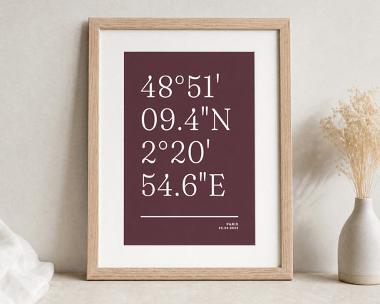 Personalised Coordinates Print, Burgundy Wall Art, Custom Location Print, Anniversary Gift, Wedding Gift, Portrait Oak Framed Print