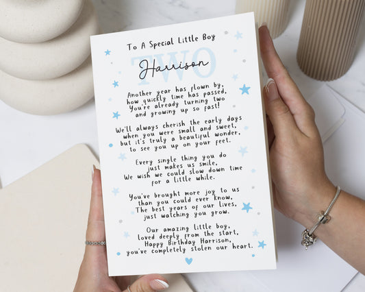 2nd Birthday Card for Boy, Personalised Birthday Card for Son, Second Birthday Poem Card, Birthday Card for Grandson or Nephew